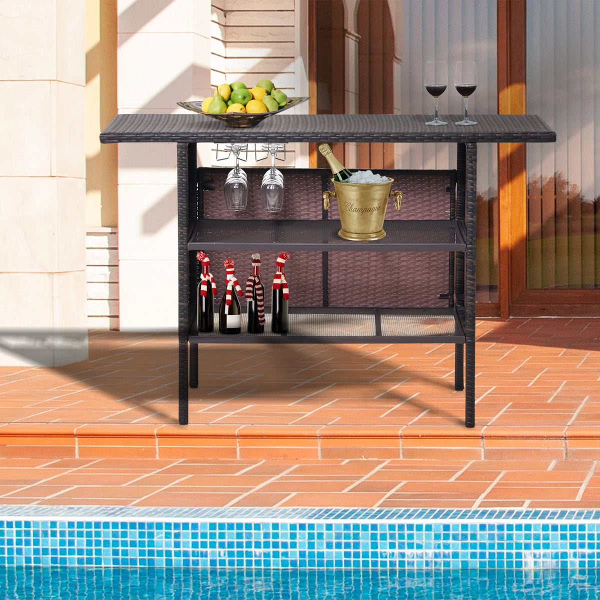 Outdoor Patio Wicker Bar with 2 Storage Shelves Q4076
