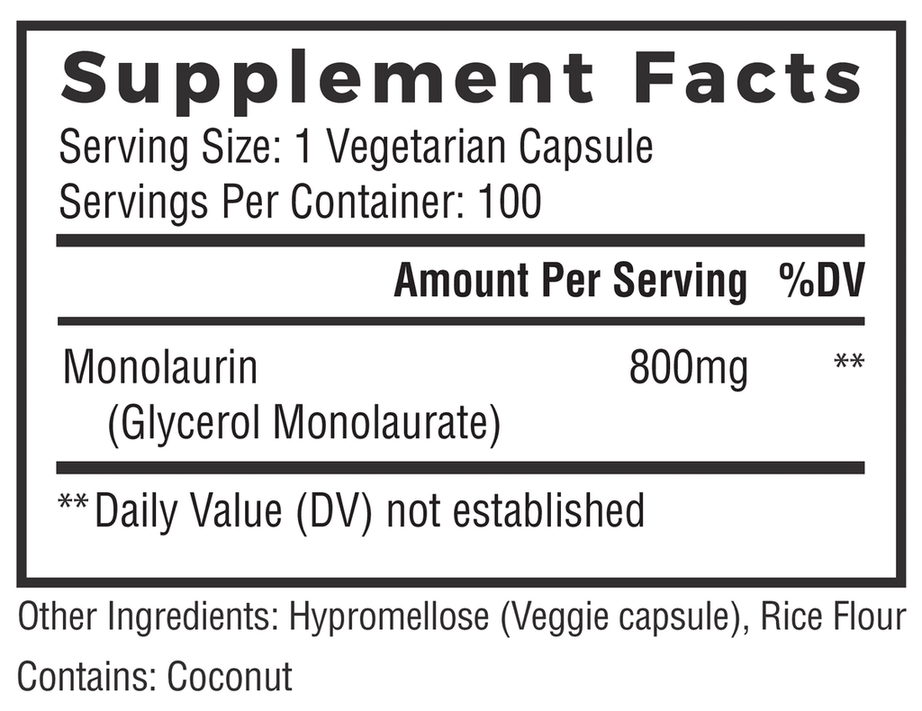 800mg Monolaurin Capsules 100 Count Vegan Non-GMO Gluten Free Supplement O49324