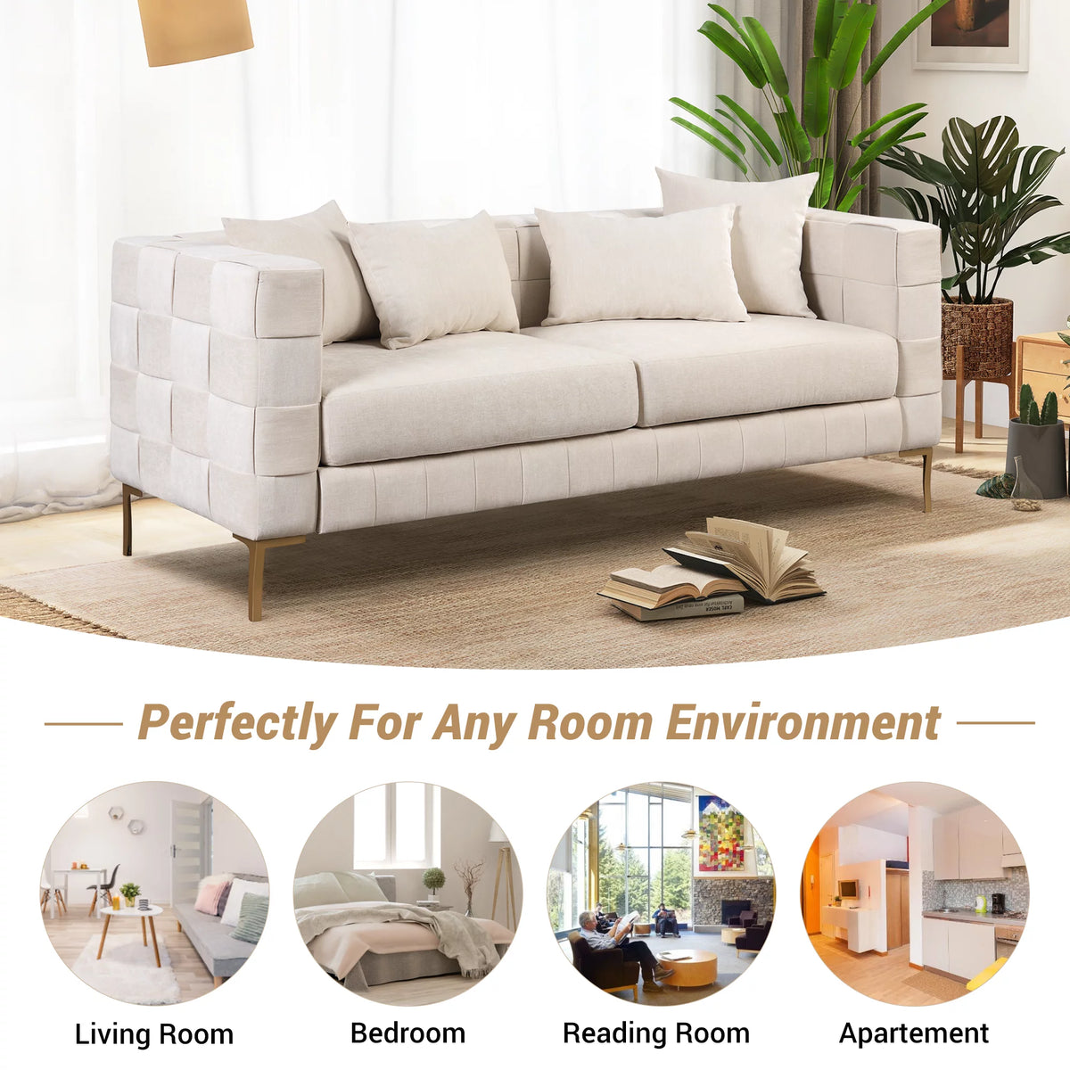 Beige Chenille 3-Seat Sofa with 4 Pillows S68977