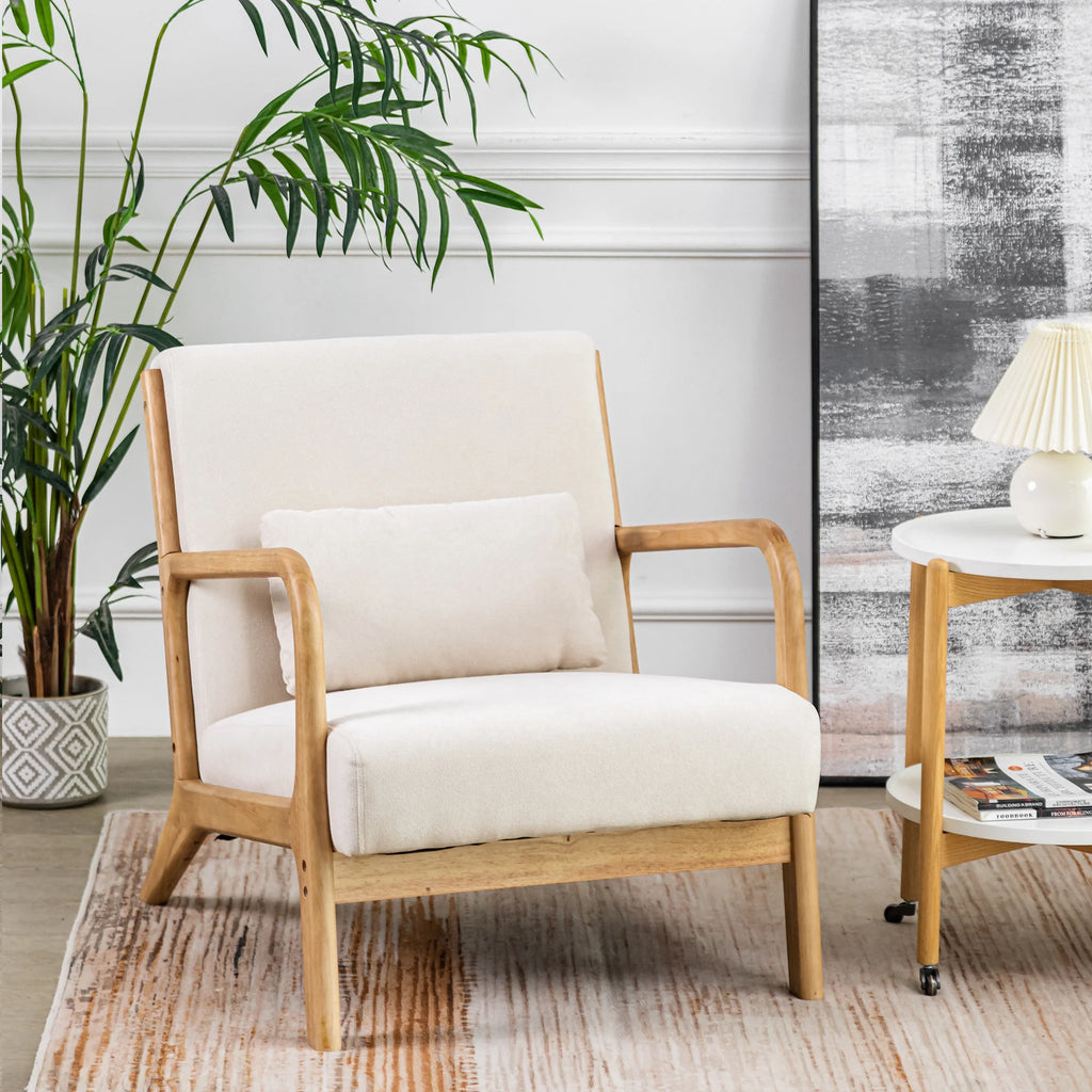 Beige Linen Upholstered Accent Armchair with Solid Wood Frame and Pillow O34885