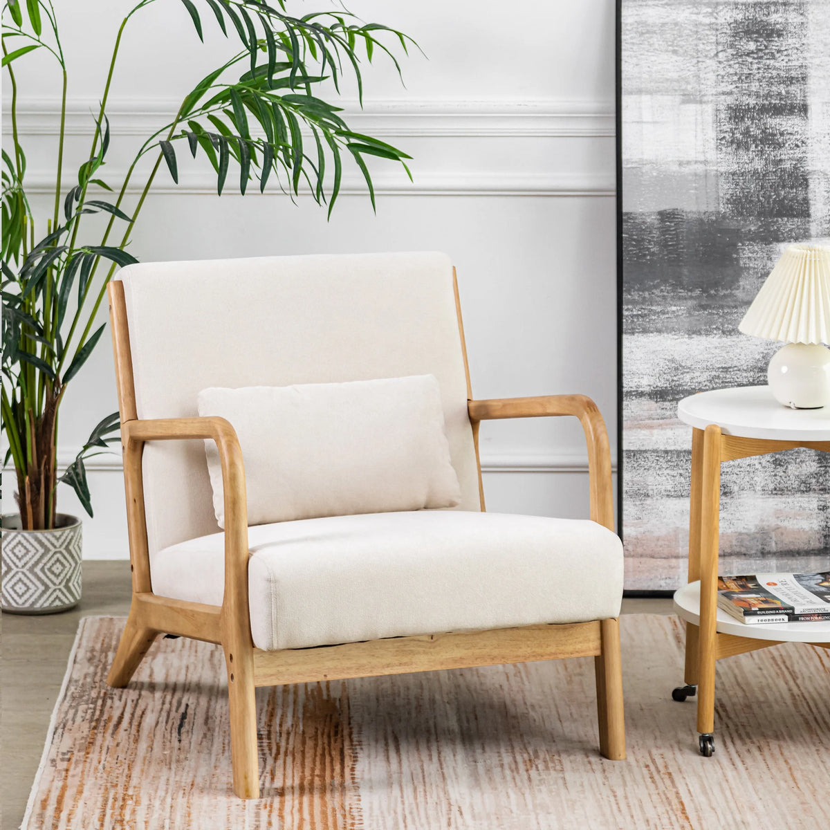 Beige Linen Upholstered Accent Armchair with Solid Wood Frame and Pillow O34885