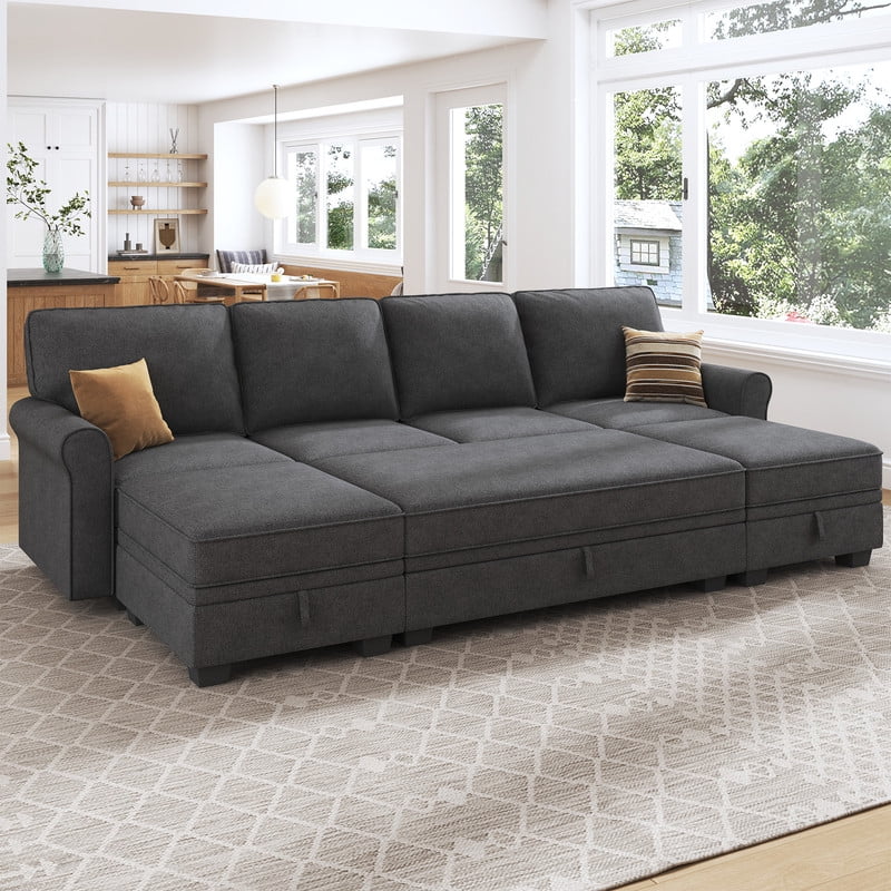 Dark Grey Convertible Sleeper Sectional Sofa with Storage and Chaise G38161