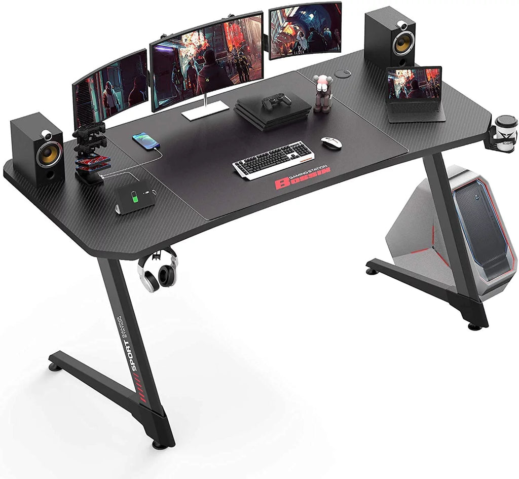 63 Inch Ergonomic Gaming Desk with Mouse Pad and Cup Holder T756216