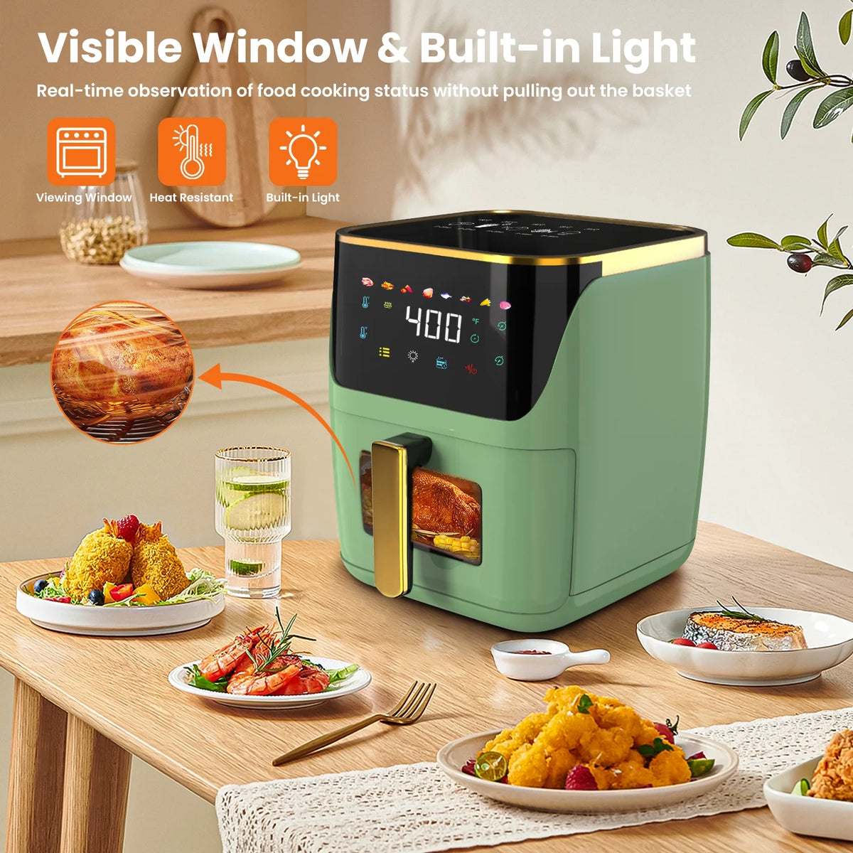 Air Fryer Large 8.5 QT Green 8 in 1 Touch Screen Visible Window 1750W A748