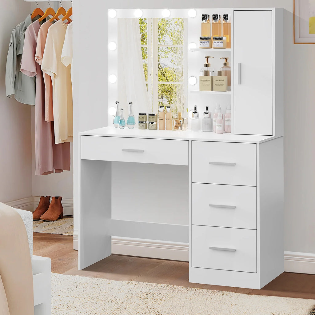 White Makeup Vanity with Lighted Mirror and 4 Drawers T12560