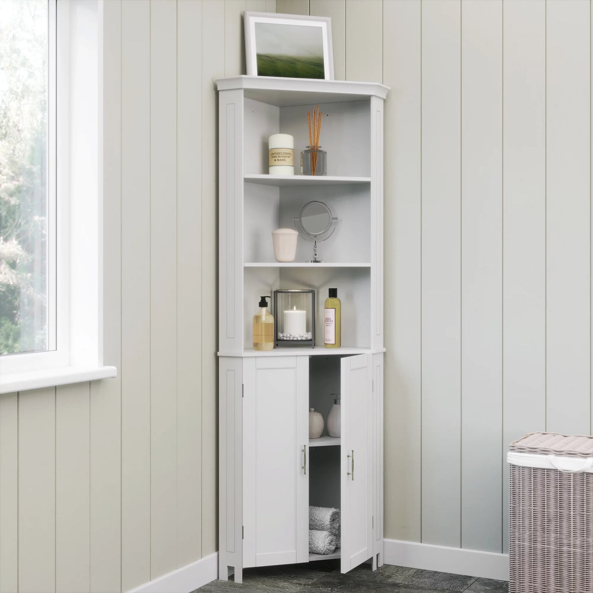White Two-Door Corner Cabinet D626